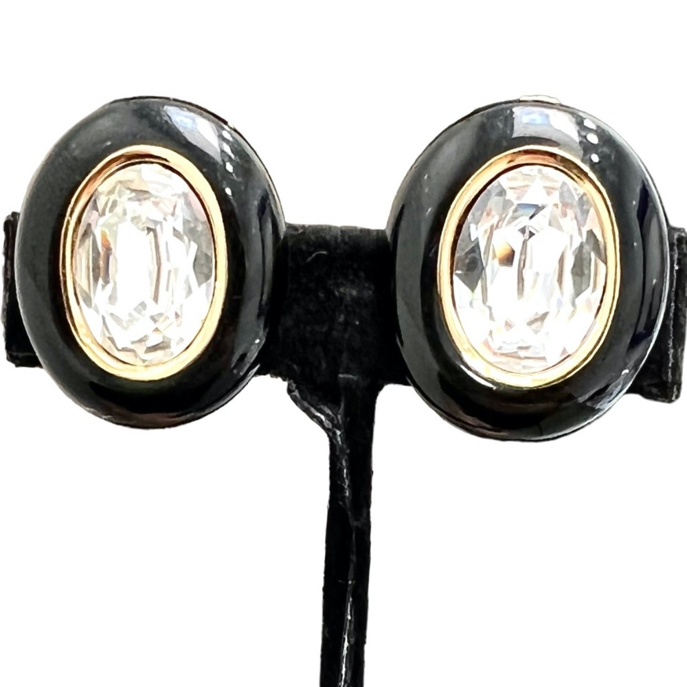 CHRISTIAN DIOR BLACK ENAMEL & FACETED CRYSTAL OVAL CLIP ON EARRINGS - Picture 15 of 16